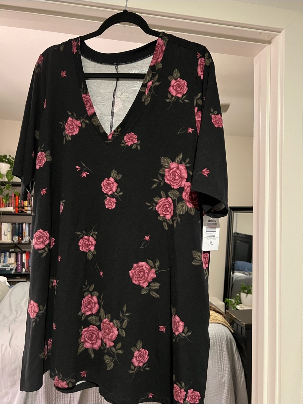torrid Black V-Neck Top with Rose Print